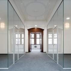 Glaswand ohne Rahmen akustik Abgeschirmte Arbeitsplätze Konferenzplätze Glaswand System Woodtec soloVETRO