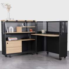 Arbeitsplatz flexibel Home Office Holz Tisch mit Schränke fahrbar klapbar Movo THE VISIONARY